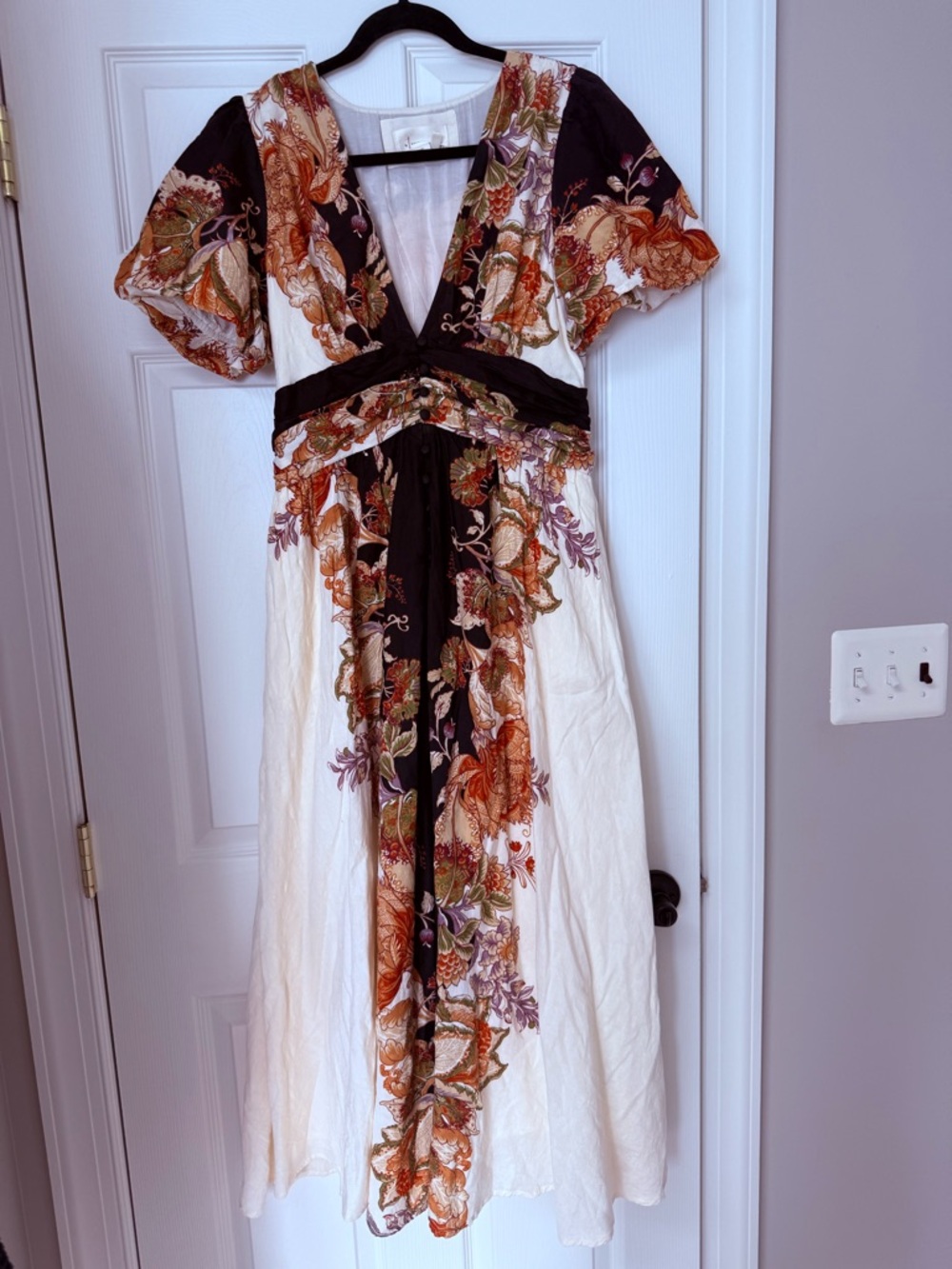 Anthropologie Floral Embroidered V-Neck Midi Dress in Ivory and Brown